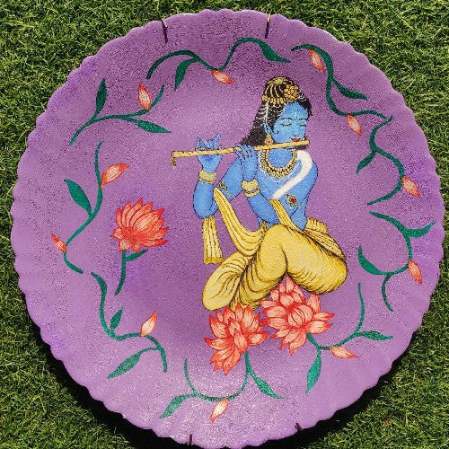 Enchanting Melodies: Krishna Playing Flute Pichwai Ceramic Plate