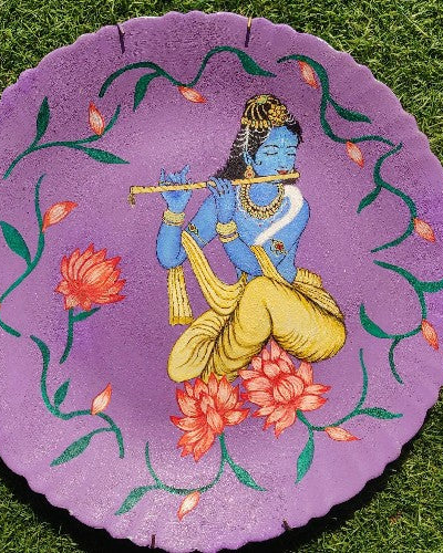 Enchanting Melodies: Krishna Playing Flute Pichwai Ceramic Plate